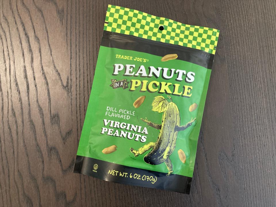 A bag of pickle-flavored peanuts from Trader Joe's.