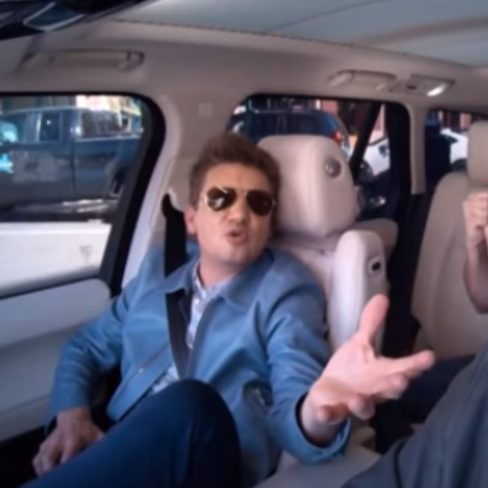 Jeremy Renner participating in Carpool Karaoke on The Late Late Show 2018