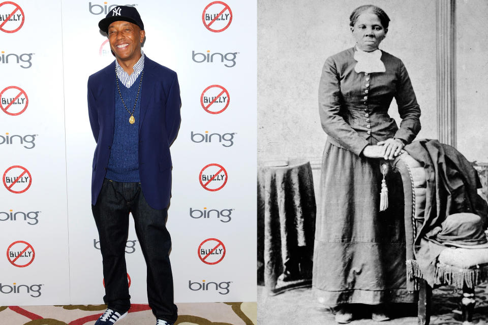 This combination of 2012 and circa 1860-1875 photos shows hip-hop mogul Russell Simmons in New York and abolitionist Harriet Tubman. In 2013, Simmons apologized for posting a parody video of Tubman having sex with her white slave master as someone films it so the abolitionist can bribe her boss. Appearing on his All Def Digital YouTube channel, Simmons said he removed it after a call from the NAACP. (AP Photo/Evan Agostini, Library of Congress)