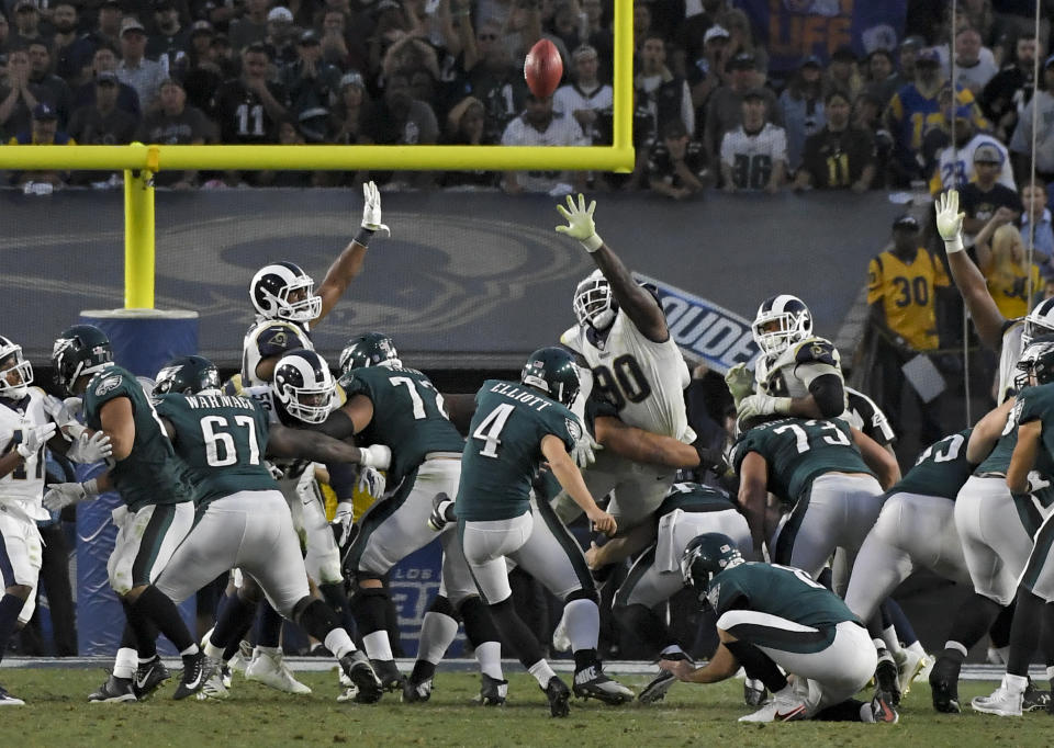 Philadelphia Eagles kicker Jake Elliott (4) kicks a field goal during the second half against the Los Angeles Rams. (AP)