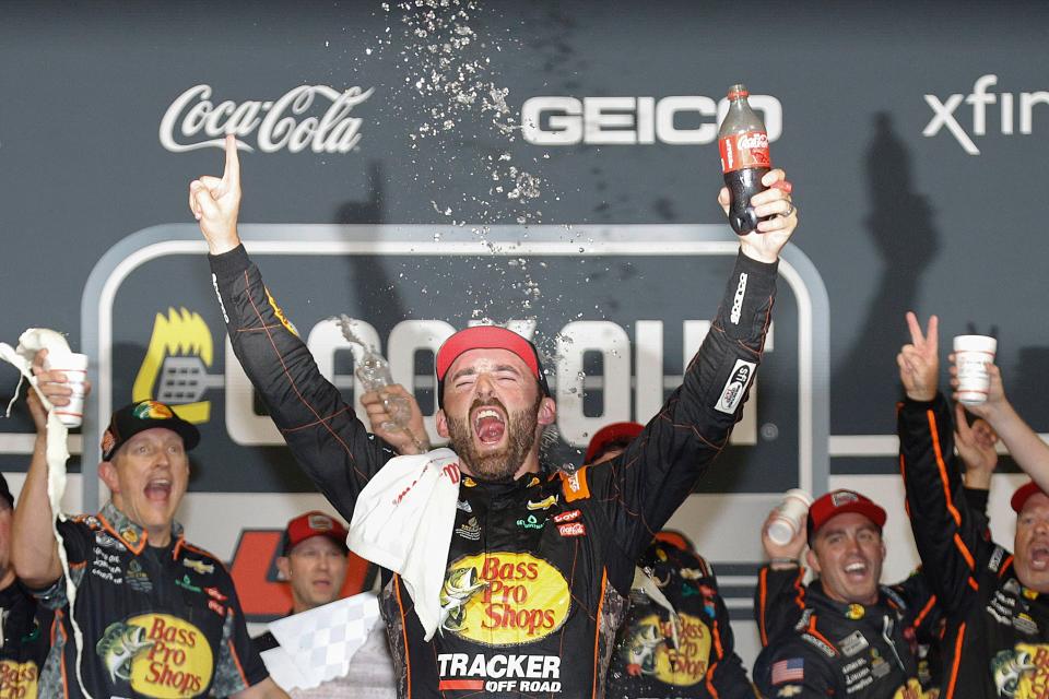 Austin Dillon, driver of the No. 3 Chevrolet, celebrates in victory lane after winning the NASCAR Cup Series Cook Out 400 at Richmond Raceway on Aug. 11, 2024 in Richmond, Virginia.