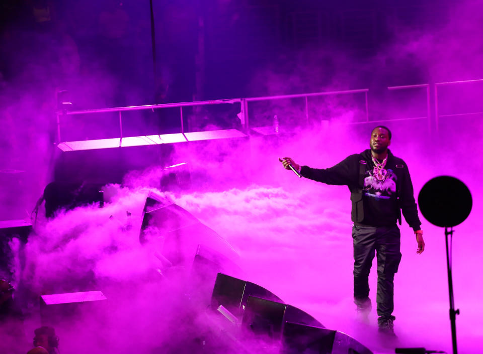 LOS ANGELES, CALIFORNIA - JUNE 21: Meek Mill performs onstage at the 2019 BET Experience STAPLES Center Concert Sponsored By Coca-Cola at Staples Center on June 21, 2019 in Los Angeles, California. (Photo by Ser Baffo/Getty Images for BET)