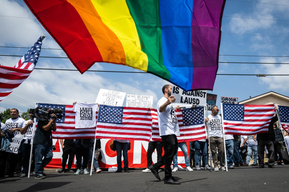 Los Angeles, CA - June 02:Armenian parents and their supporters protesting a Pride assembly are met by LGBTQ+ advocates at Saticoy Elementary School in North Hollywood on Friday, June 2, 2023. Tensions were heightened last week when a Pride flag was burned at the school. (Photo by Sarah Reingewirtz/MediaNews Group/Los Angeles Daily News via Getty Images)