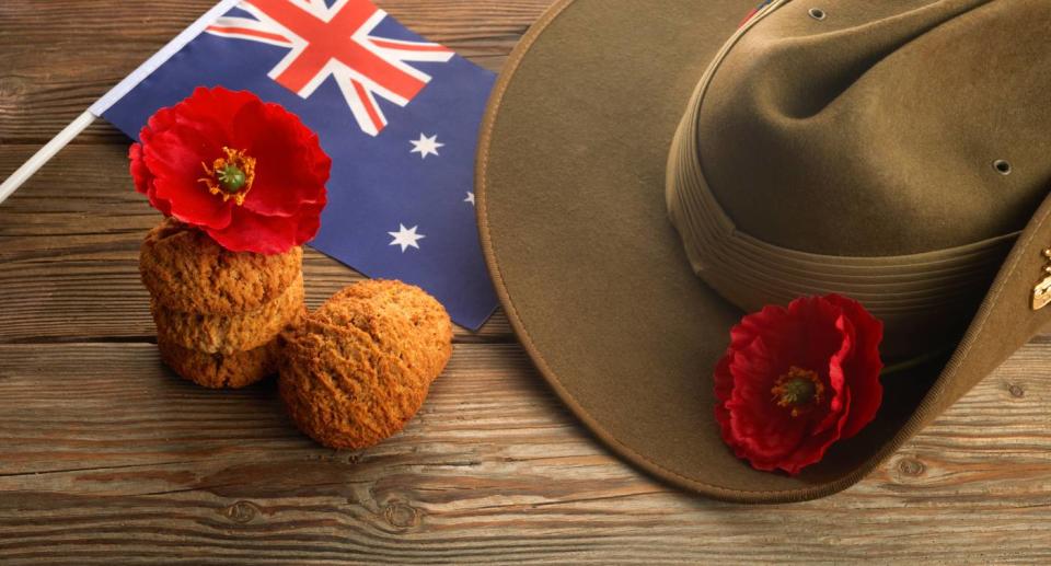 Anzac biscuit, Australian flag, poppy flower, and soldier's hat. Source: Getty Images