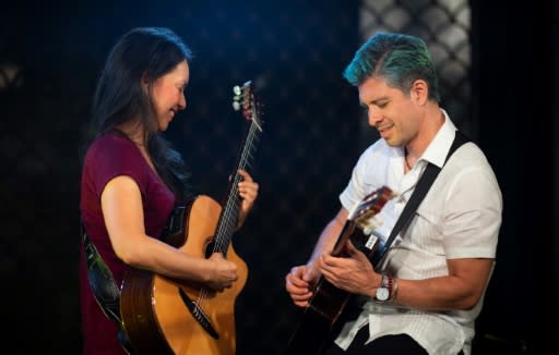 Rodrigo Sanchez (R) and Gabriela Quintero of the Mexican duo Rodrigo y Gabriela before a concert at the McKittrick Hotel in New York