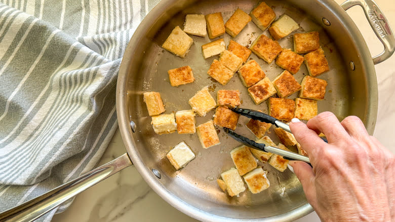 cooked tofu in skillet
