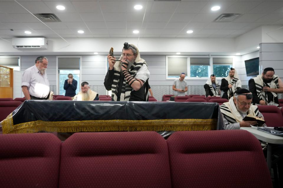 Rabbi Ephraim Simon sounds the shofar, as he wears tefillin, during morning services at the Chabad of Teaneck. Simon blows the shofar every day (except on Shabbat) during the month prior to Rosh Hashanah. Rosh Hashanah begins on Friday evening and the shofar will be blown on Sunday, before the holiday concludes Sunday evening.Thursday, September 14, 2023