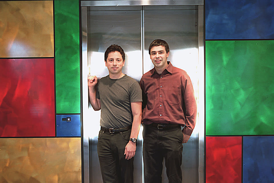 Google founders Sergey Brin, left and Larry Page , right, are shown at the companies headquarters in Mountaint View, Calif., Thursday March 13, 2003. The maker of world's most popular Internet search engine is widely expected to make its stock market debut during the first half of 2004, creating a level of excitement rarely seen since the dot-com gold rush turned Silicon Valley into the mother lode of IPO ecstasy and agony. (Richard Koci Hernandez/San Jose Mercury News) (Photo by MediaNews Group/The Mercury News via Getty Images)