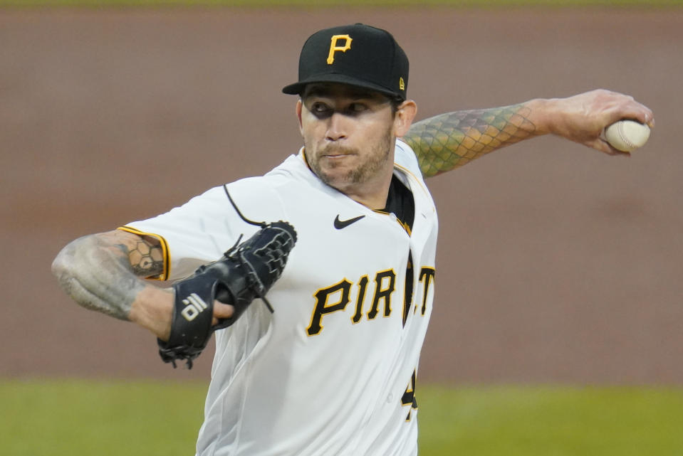 FILE - Pittsburgh Pirates starting pitcher Steven Brault delivers during the first inning of a baseball game against the Chicago Cubs in Pittsburgh, in this Tuesday, Sept. 22, 2020, file photo. Brault is done bouncing around. The Pittsburgh Pirates left-hander is a fixture in the starting rotation this season after spending years filling a variety of roles. (AP Photo/Gene J. Puskar, File)