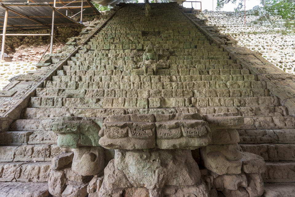 The Hieroglyphic Stairway ascends at the Acropolis of Copan, an ancient Maya site in western Honduras, Saturday, Sept. 23, 2023. The 20 meter-high staircase is carved with more than 2000 glyphs. (AP Photo/Moises Castillo)