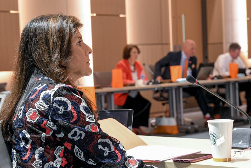 Nikki Haley, listens during the Clemson University Board of Trustees meeting at the School of Business Friday, July 22, 2022. 