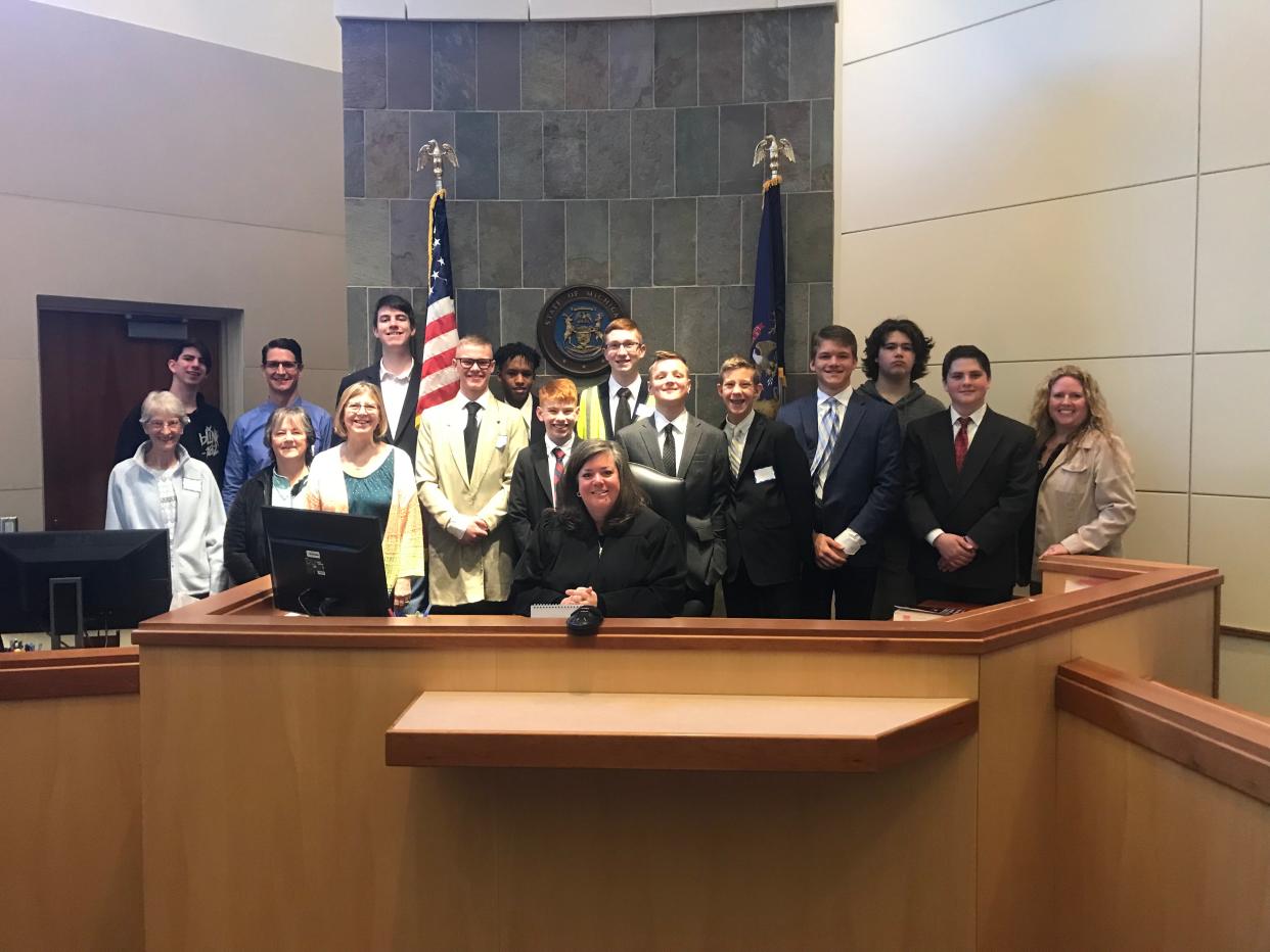 Nine homeschoolers from Northern Michigan presented a mock trial in Judge Angela Lasher's courtroom on April 22, 2024.