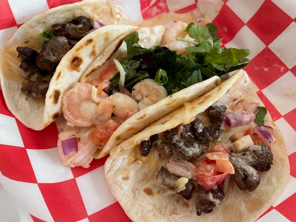 There are three kinds of street tacos at Jimbo's, including carne asada, shrimp and al pastor.