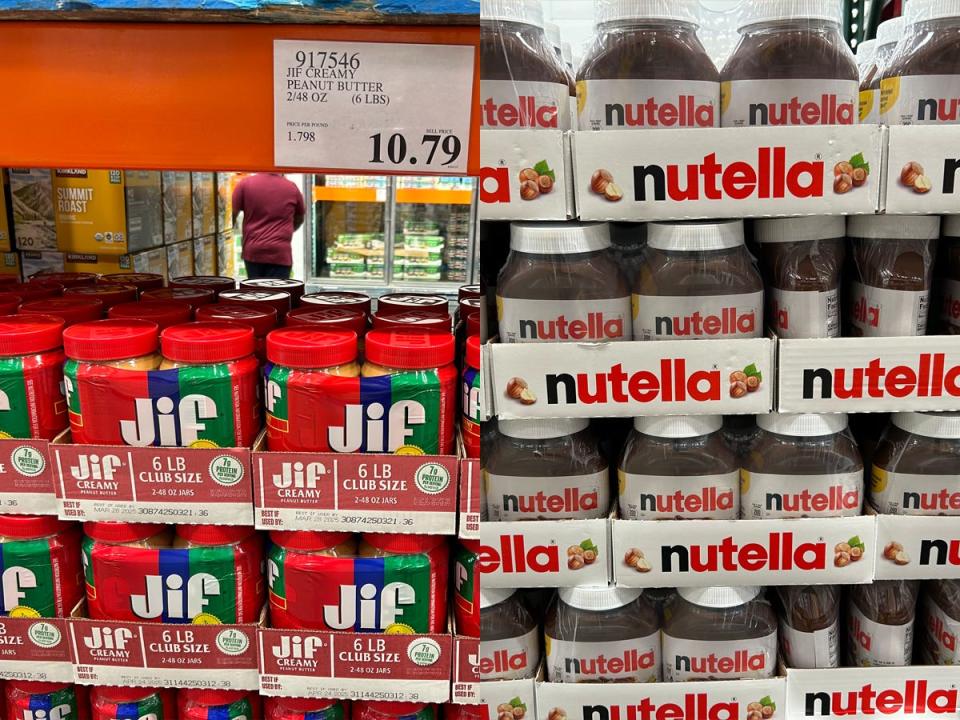 Jif peanut butter on shelves at costco under 10.79 price sign next to display of nutella jars at a costco