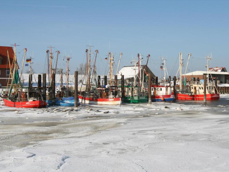 Winter im Hafen: Die Schiffe sind eingefroren. Foto: Tourismus-Service Butjadingen/Thomas Hellmann