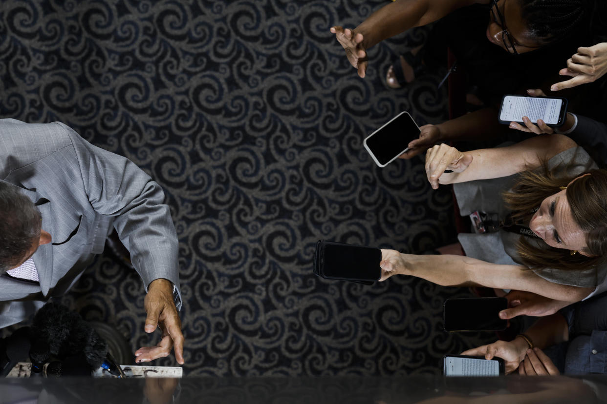 WASHINGTON, DC - AUGUST 02: Sen. Joe Manchin (D-WV) speaks to reporters outside of his office in the Hart Senate Office Building on August 02, 2022 in Washington, DC. Negotiations in the U.S. Senate continue for the Inflation Reduction Act of 2022. (Photo by Anna Moneymaker/Getty Images)