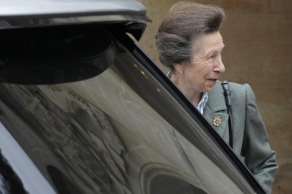 Britain's Princess Anne leaves the presidential palace after a meeting with Cyprus' President Nicos Anastasiades, in Nicosia, Cyprus, Wednesday, Jan. 11, 2023. Princess Anne visited British soldiers serving with a United Nations peacekeeping force on ethnically divided Cyprus. (AP Photo/Petros Karadjias)