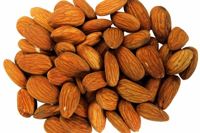 close-up of unpeeled almonds