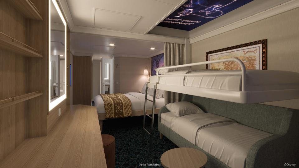 The luxurious accommodations aboard Disney Cruise Line’s newest ship, the Disney Treasure, will strike an inviting balance between modern design and nostalgic charm with a fresh, natural color scheme and custom artwork that entices guests to peer beyond their staterooms into fantastical worlds from heartwarming Disney adventures.