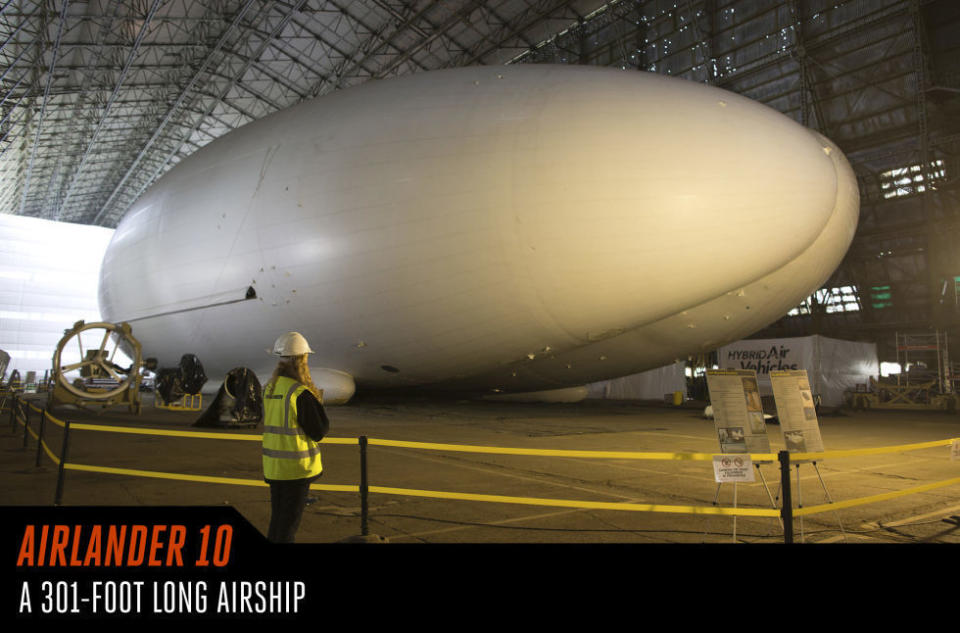 <p>The world's largest aircraft prepares for a return to flight in 2016. It first flew in 2012 as part of a U.S. Army contract, but was returned to Britain in 2013. The Hybrid Air Vehicles Airlander 10, a helium-filled craft powered by turbocharged diesel engines, is undergoing preparations now for takeoff. Once airbone, it can fly for five days non-stop. The four engines include vectored thrusts for takeoff and landing, and the makeup of the 301-foot airship allows it to land in a variety of locations, such as the tops of buildings.</p>