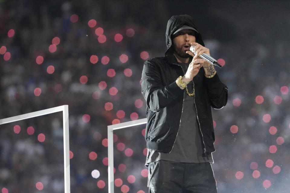 Eminem performs at the NFL Super Bowl LVI Halftime Show on Feb. 13. - Credit: AP Photo/Mark J. Terrill