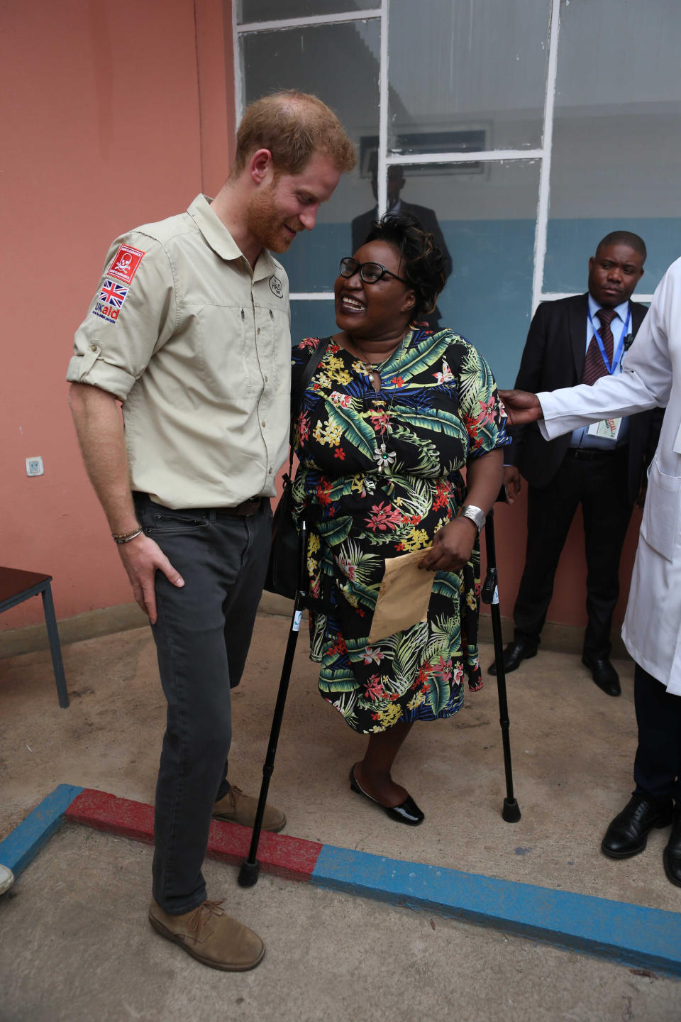 The Duke of Sussex meets patients as he visits the Princess Diana Orthopaedic Centre in Huambo, Angola, on day five of the royal tour of Africa.