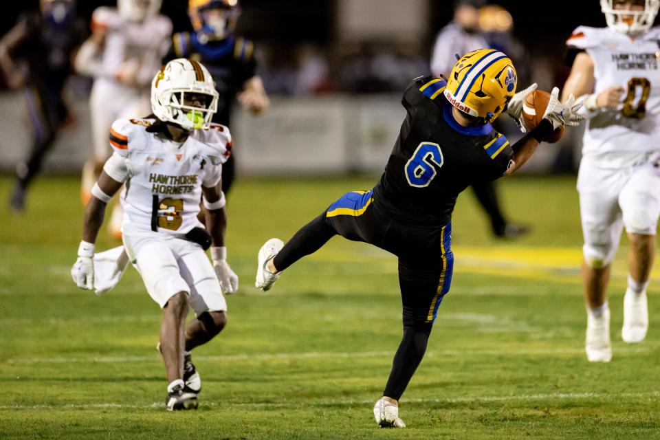 Newberry Panthers wide receiver David Schmidt (6) catches a kickoff during the first half against the Hawthorne Hornets during the first half at Newberry High School in Newberry, FL on Friday, September 1, 2023. [Matt Pendleton/Gainesville Sun]