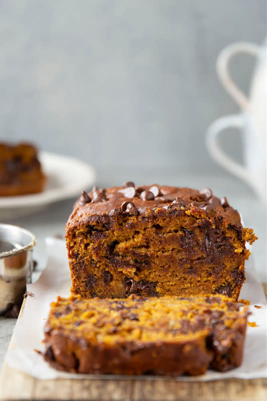<p>Whole and Heavenly Oven</p><p>Pumpkin bread and banana bread collide with plenty of chocolate in this banana chocolate chip pumpkin bread that’s sure to become a fall favorite! </p><p><strong>Get the recipe: <em><a href="https://wholeandheavenlyoven.com/2016/10/10/banana-chocolate-chip-pumpkin-bread/" rel="nofollow noopener" target="_blank" data-ylk="slk:Banana Chocolate Chip Pumpkin Bread;elm:context_link;itc:0;sec:content-canvas" class="link rapid-noclick-resp">Banana Chocolate Chip Pumpkin Bread</a></em></strong></p>