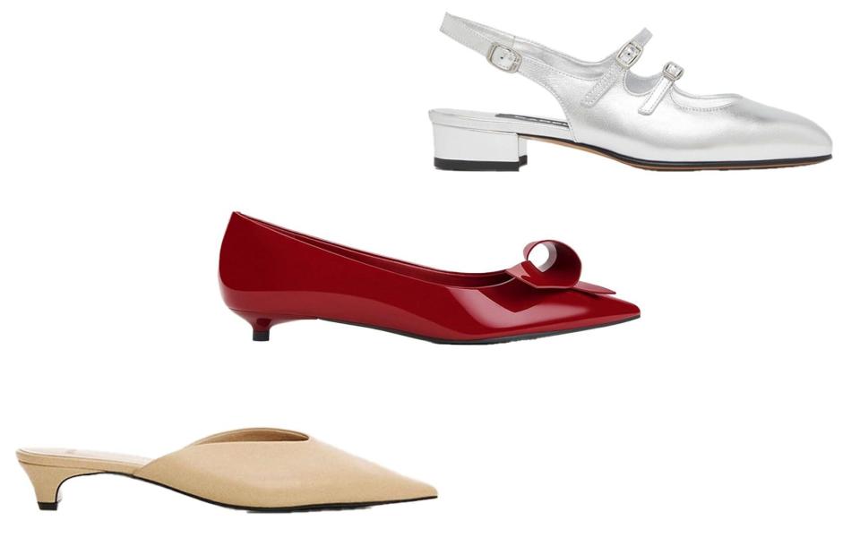 Leather mules, £89.99, Mango; Sculptural kitten heels, £69, Charles & Keith; Leather Mary Janes, £410, Carel