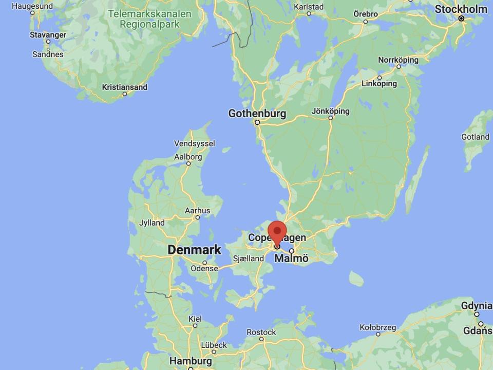 A map with a marker to show where Copenhagen is in Denmark.