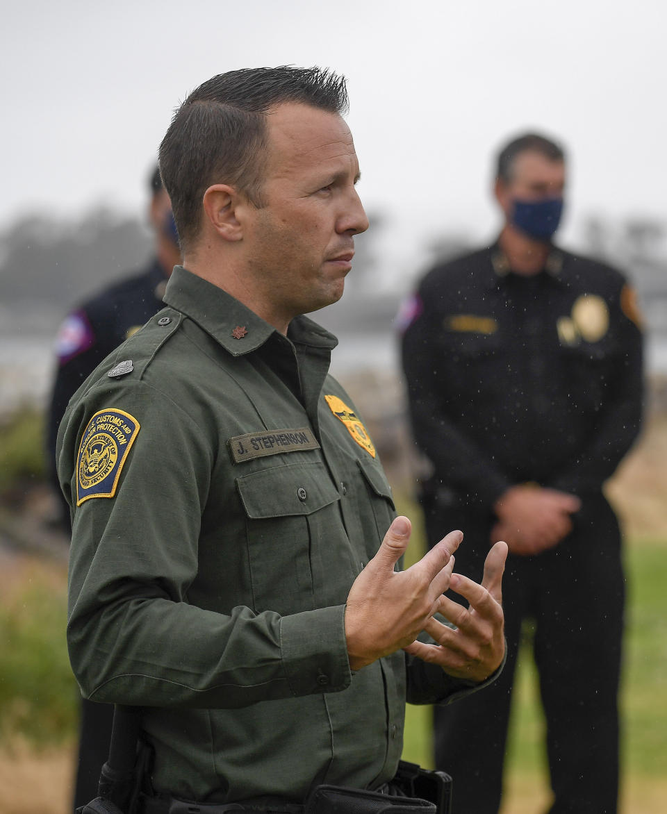 Supervisory Border Patrol agent Jeff Stephenson speaks at a news conference held after a boat capsized just off the San Diego coast, Sunday, May 2, 2021, in San Diego. Authorities say three people were killed and nearly two dozen others were hospitalized after the boat capsized. (AP Photo/Denis Poroy)