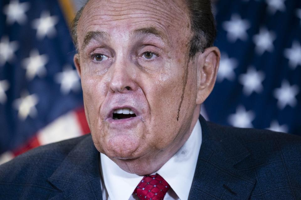 Rudy Giuliani, a former lawyer for former President Donald Trump, speaks during a news conference on Nov 19, 2020. <a href="https://www.gettyimages.com/detail/news-photo/former-new-york-city-mayor-rudy-giuliani-lawyer-for-u-s-news-photo/1229689770?adppopup=true" rel="nofollow noopener" target="_blank" data-ylk="slk:Sarah Silbiger for The Washington Post via Getty Images;elm:context_link;itc:0;sec:content-canvas" class="link ">Sarah Silbiger for The Washington Post via Getty Images</a>