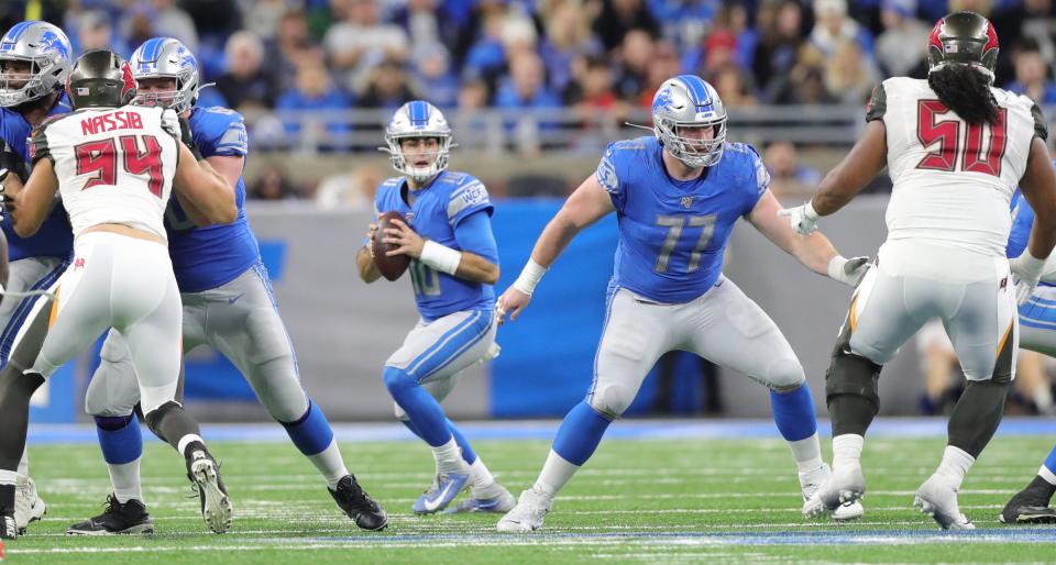 Detroit Lions center Frank Ragnow (77) protects quarterback David Blough during the second half vs. the Tampa Bay Buccaneers, Sunday, Dec. 15, 2019 at Ford Field.