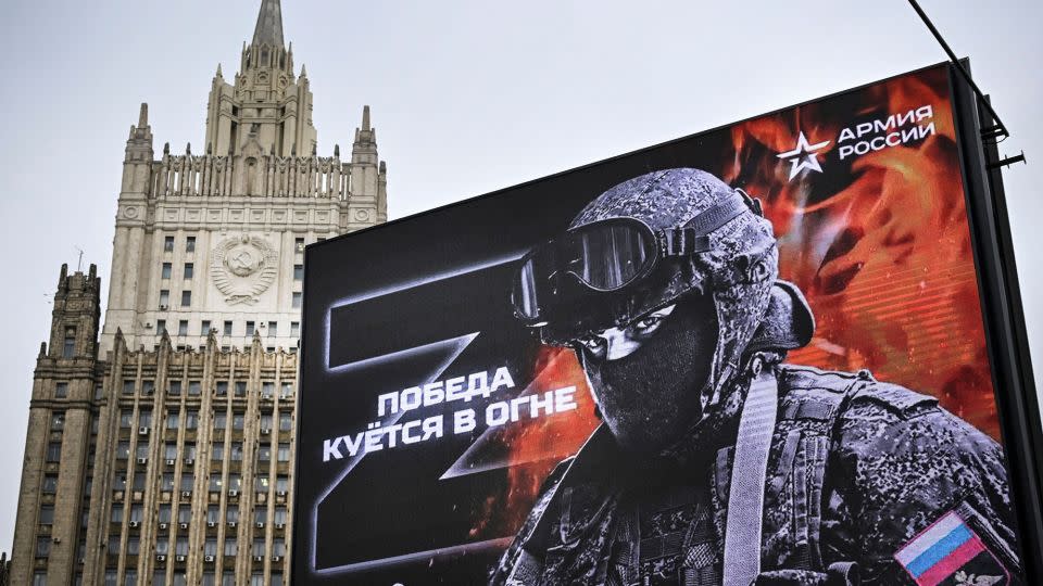 Russian Foreign Ministry building is seen behind a billboard showing Z, a tactical insignia of Russian troops in Ukraine, on October 13, 2022. - Alexander Nemenov/AFP/Getty Images