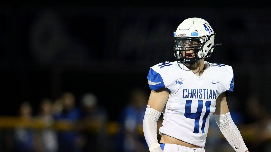 Lexington Christian’s Chase Couch (41), son of former UK quarterback Tim Couch, totaled 3.5 tackles for loss and one sack as a junior.