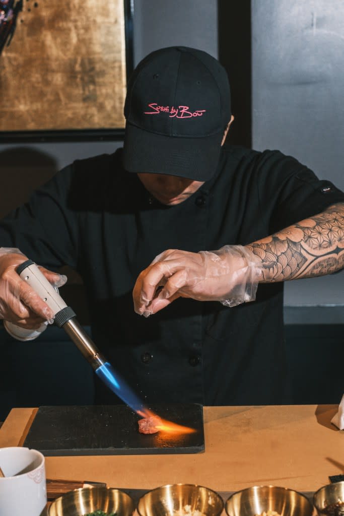 Celebrities such as Uma Thurman have been known to slip behind the bar and mess around with the chefs’ blow torch. Stephen Yang