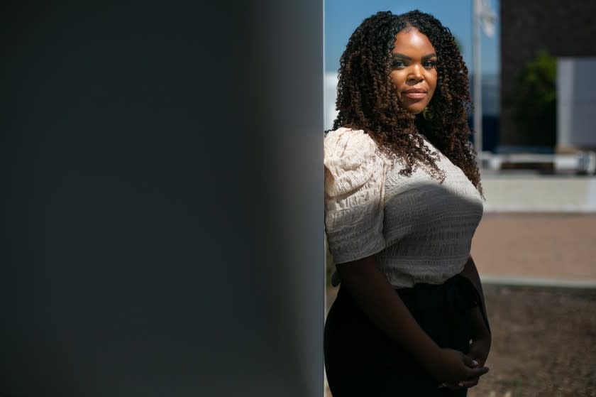 COMPTON, CA - OCTOBER 15: Aja Brown, Mayor of Compton, poses for a portrait at the Martin Luther King Jr. Memorial located outside Compton City Hall on Thursday, Oct. 15, 2020 in Compton, CA. (Jason Armond / Los Angeles Times)