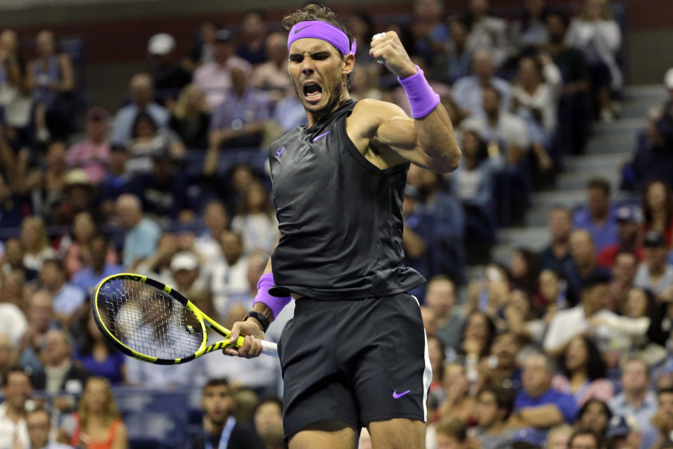 Rafael Nadal, of Spain, reacts during a fourth-round match against Marin Cilic, of Croatia, during the U.S. Open tennis tournament Monday, Sept. 2, 2019, in New York.