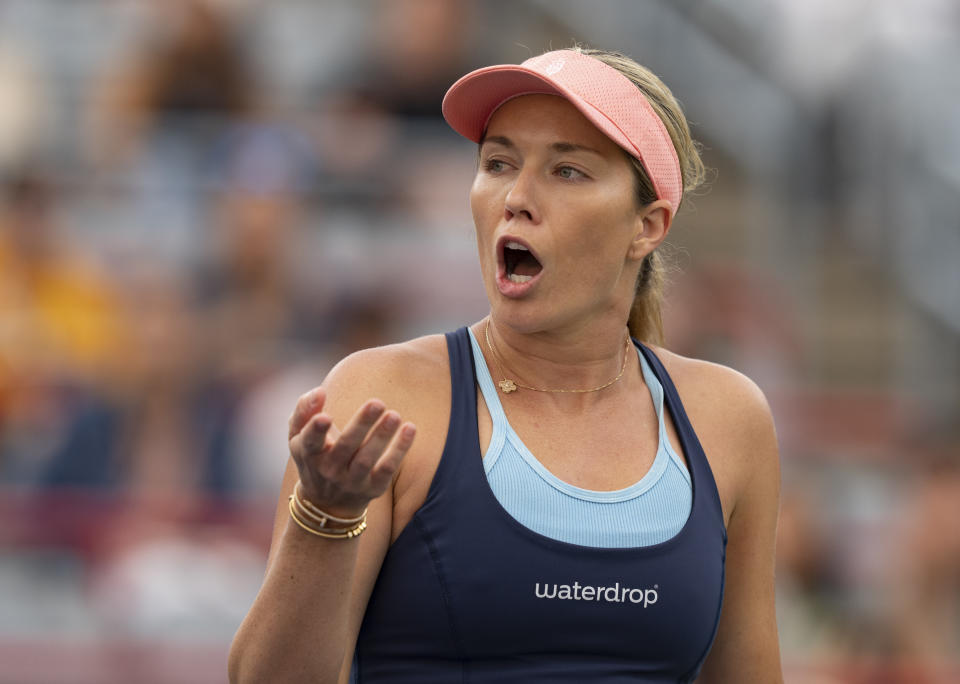 Danielle Collins, of the United States, reacts during her women's quarterfinal match against Iga Swiatek, of Poland, at the National Bank Open tennis tournament in Montreal, Friday, Aug. 11, 2023. (Christinne Muschi/The Canadian Press via AP)