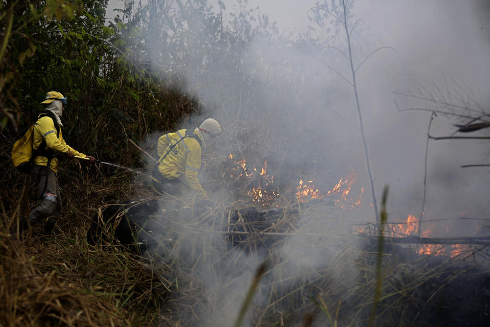 Firefighters work to put out fires at the Jacunda National Forest in Brazil's Amazon. Source: AAP