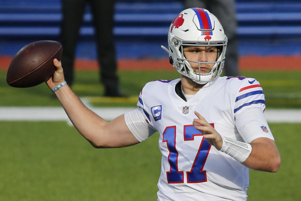 Buffalo Bills quarterback Josh Allen passes during the first half of an NFL football game against the Los Angeles Chargers, Sunday, Nov. 29, 2020, in Orchard Park, N.Y. (AP Photo/Jeffrey T. Barnes)