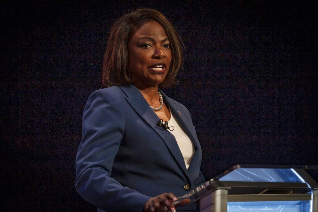 U.S. Rep. Val Demings, D-Fla., participates in a televised debate with U.S. Sen. Marco Rubio, R-Fla., at Duncan Theater on the campus of Palm Beach State College in Palm Beach County, Fla., on Tuesday, Oct. 18, 2022. (Thomas Cordy/The Palm Beach Post via AP, Pool)