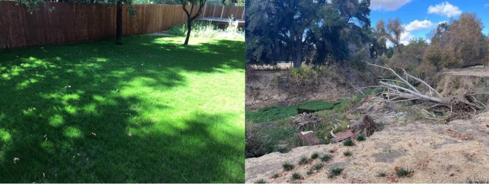 The image on the left was taken in the backyard of 1210 San Ramon Road prior to the March 10, 2023 storm. The image on the right is after the storm.