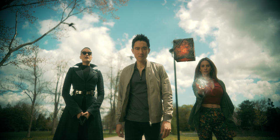 Britne Oldford as Fei, Justin H. Min as Ben Hargreeves and Genesis Rodriguez as Sloane in The Umbrella Academy. - Credit: Courtesy of Netflix