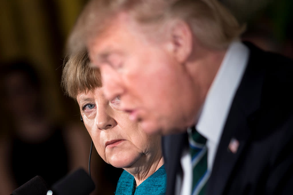 Angela Merkel and Donald Trump in Washington earlier this year: Getty