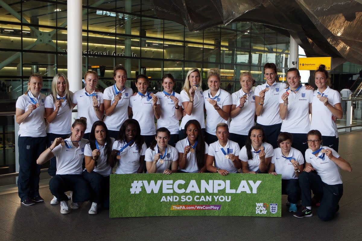 The Lionesses pose with their third place winners’ medals after returning from the 2015 World Cup (Steve Parsons/PA) (PA Archive)