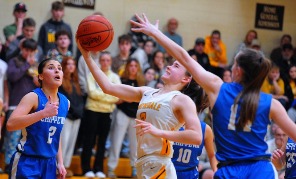 Waynedale's Alyssa Geiser drives the lane as Chippewa's Elena Moyer and Bree Regan defend.