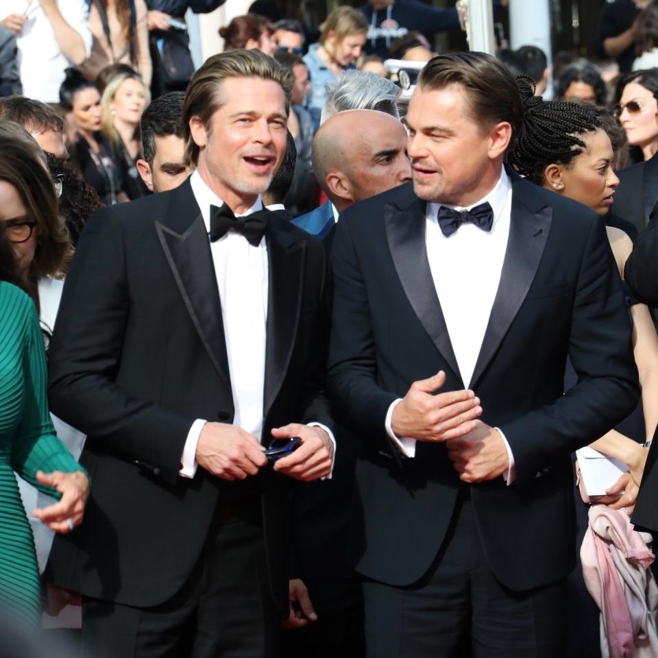 <p>Brad shares a laugh with <em>Once Upon a Time in Hollywood</em> costar Leonardo DiCaprio. The duo hit it off right away, in part because, Brad revealed to <a href="https://www.esquire.com/entertainment/movies/a27458589/once-upon-a-time-in-hollywood-leonardo-dicaprio-brad-pitt-quentin-tarantino-interview/" rel="nofollow noopener" target="_blank" data-ylk="slk:Esquire;elm:context_link;itc:0;sec:content-canvas" class="link "><em>Esquire</em></a>, they both got their starts on <em>Growing Pains</em> (though they didn't cross paths on set).</p>