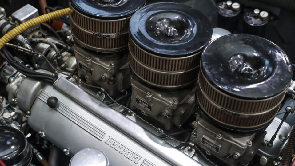 The Colombo-designed 3.0-liter V-12 engine inside a 1953 Ferrari 250 MM Spider Series II. 