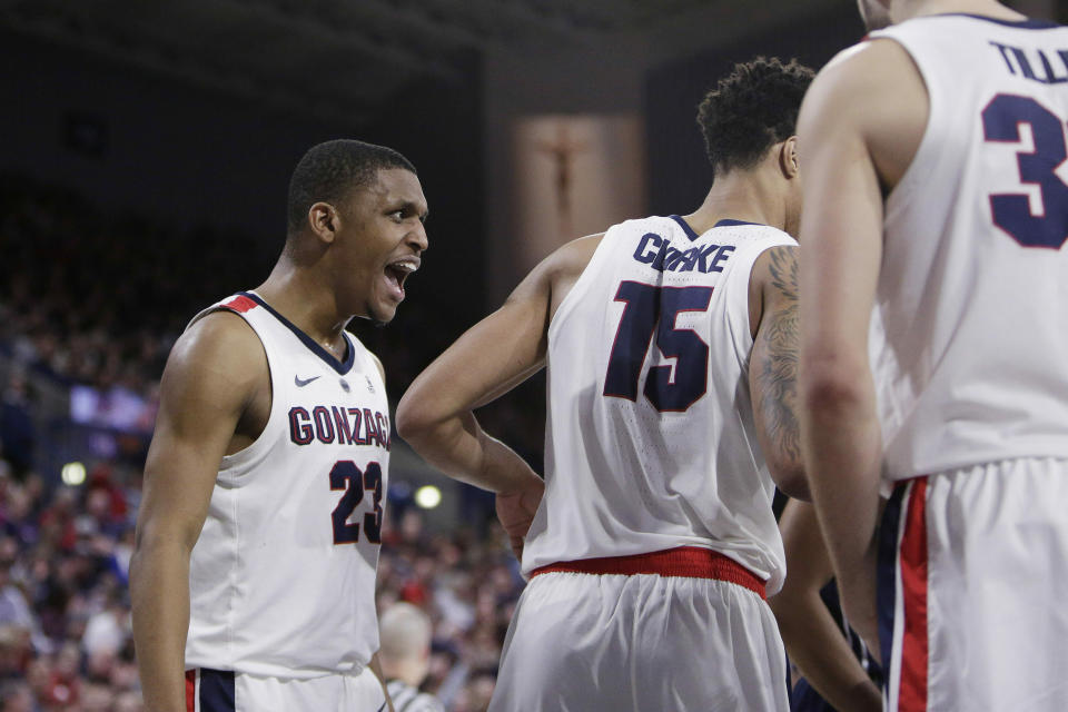 Gonzaga guard Zach Norvell Jr. (23) reacts during the second half of an NCAA college basketball game against Loyola Marymount in Spokane, Wash., Thursday, Jan. 17, 2019. (AP Photo/Young Kwak)